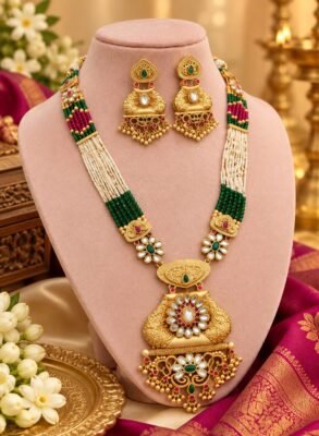 Traditional Kundan Beaded Necklace Set with Matching Earrings