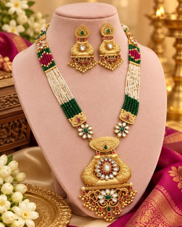 Traditional Kundan Beaded Necklace Set with Matching Earrings