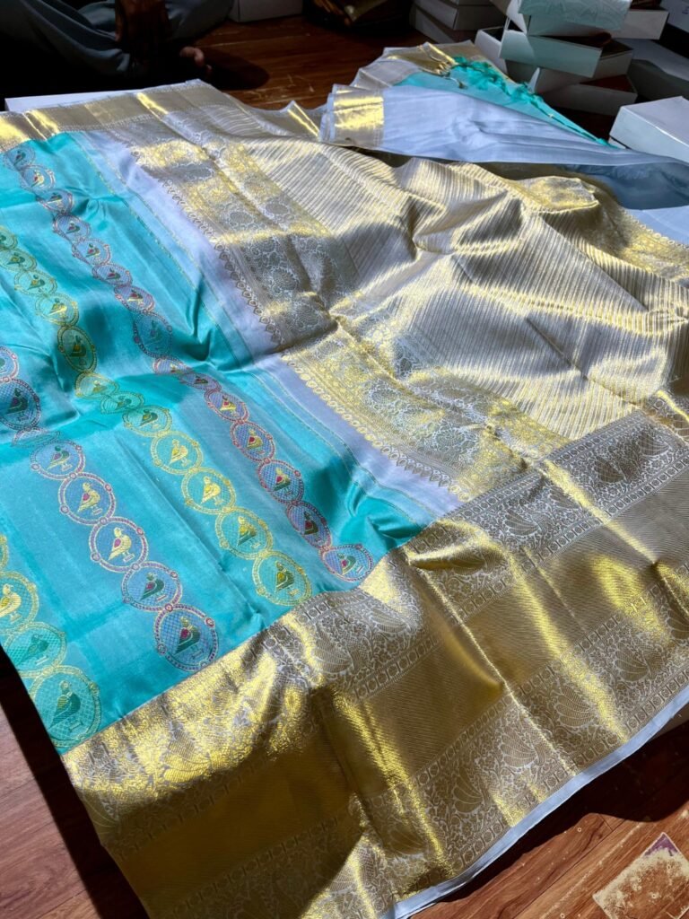 Pure Kanchipuram Resham warp turquoise silk saree with multicolour bird butta designs and silver and gold woven detailing