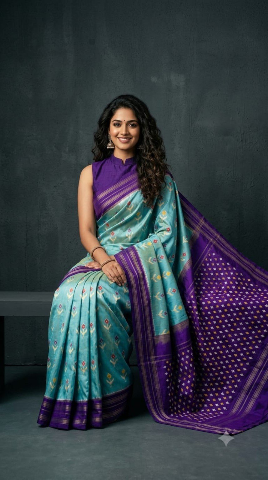 Pochampally Ikkat Silk Sarees – Exclusive Designer Collection 12 Pochampally Ikkat silk saree - 11 Aqua & Purple