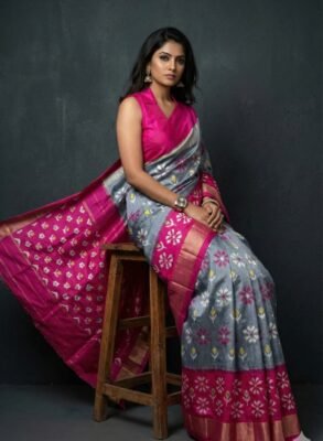 Pochampally Ikkat silk saree - 01 Grey & Pink