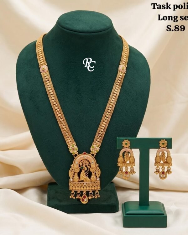 Antique Long Necklace Set Earrings Antique gold-tone long necklace and matching earrings - Design 01 - S89 Peacock