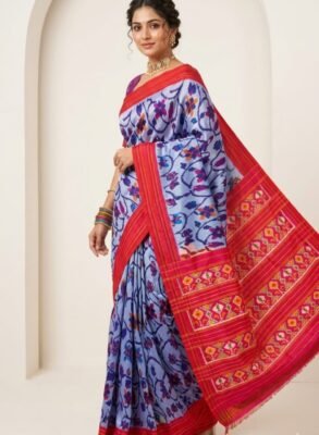 Madthas Ikkat silk saree - 01 White & Red - Floral