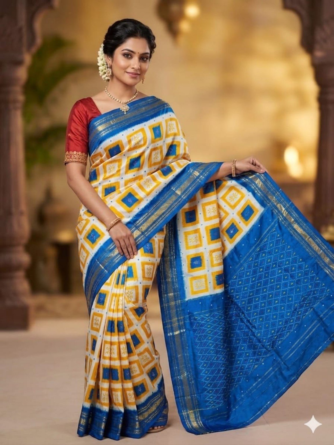 Madthas Ikkat Silk Sarees – Exclusive Collection of 15 Designs 11 Madthas Ikkat silk saree - 11 White Yellow & Blue - Squares
