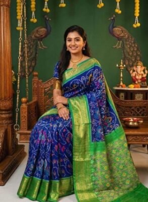Madthas Ikkat silk saree - 01 Navy Blue & Green - Peacock