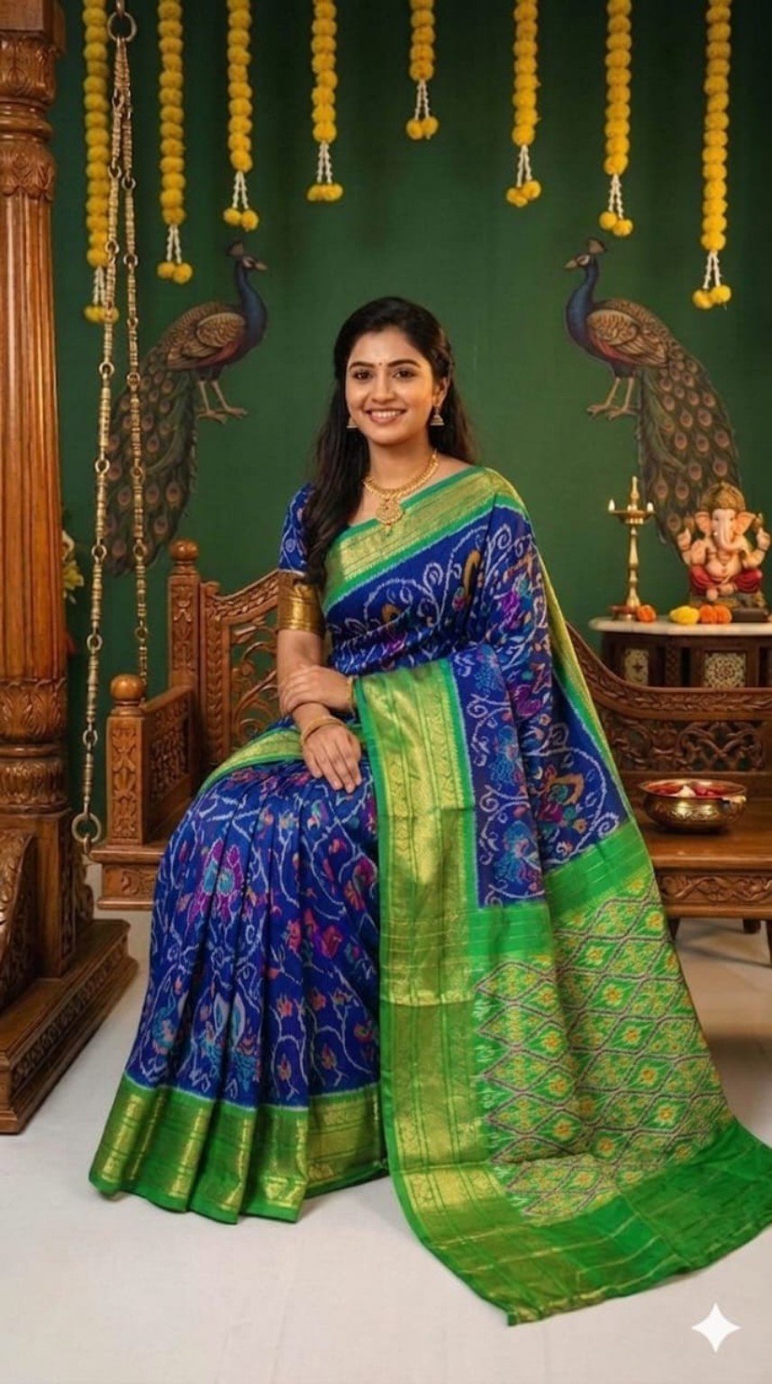Madthas Ikkat Silk Sarees – Peacock Designer Collection 1 Madthas Ikkat silk saree - 01 Navy Blue & Green - Peacock