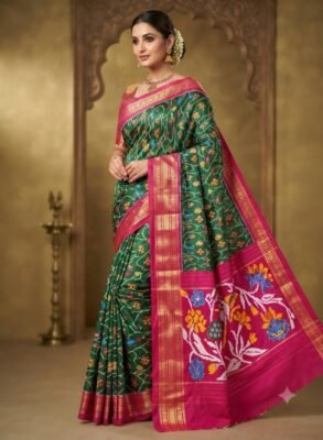 Madthas Ikkat silk saree - 01 Green & Magenta - Floral