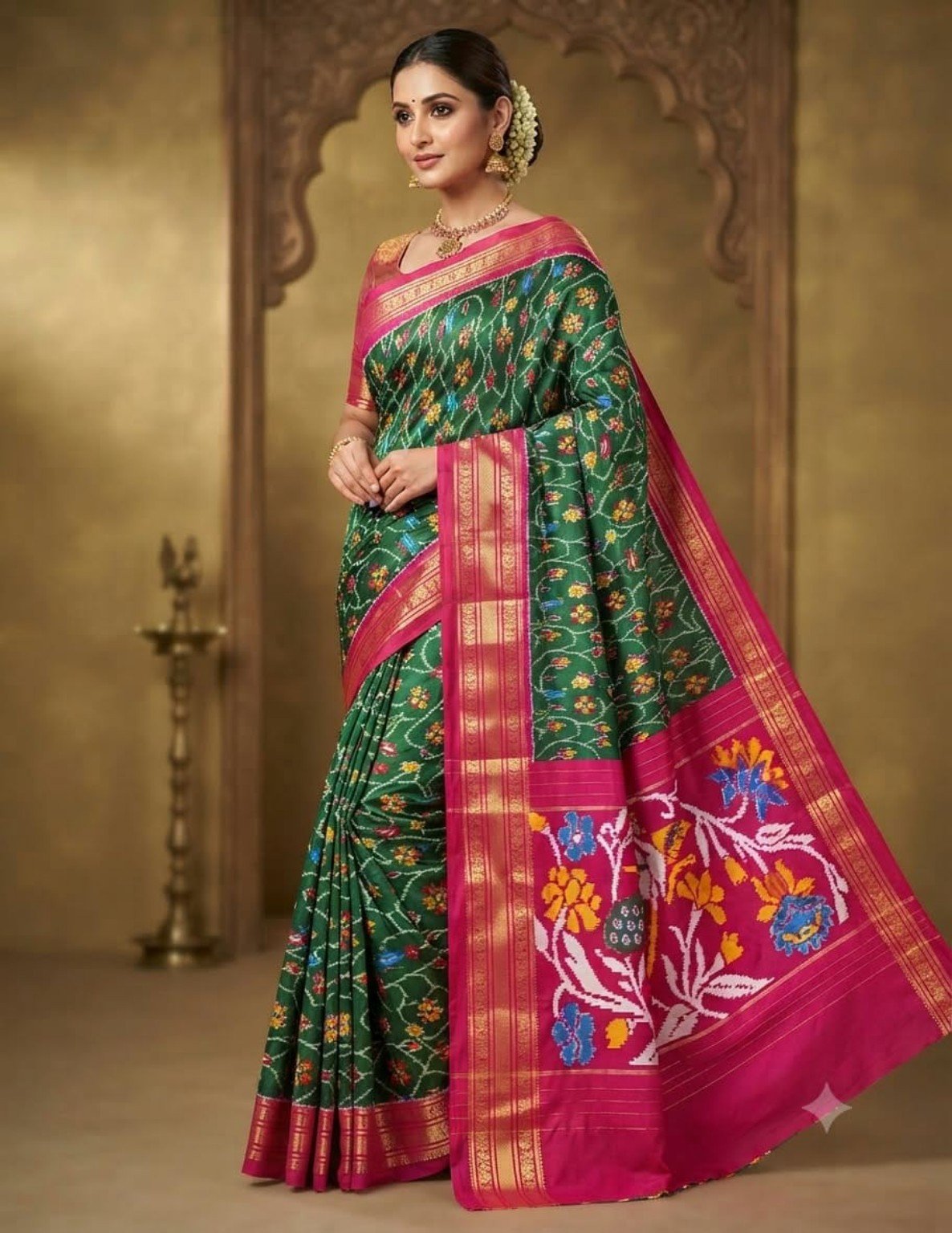 Madthas Ikkat Silk Sarees – Floral Pallu Designer Collection 1 Madthas Ikkat silk saree - 01 Green & Magenta - Floral