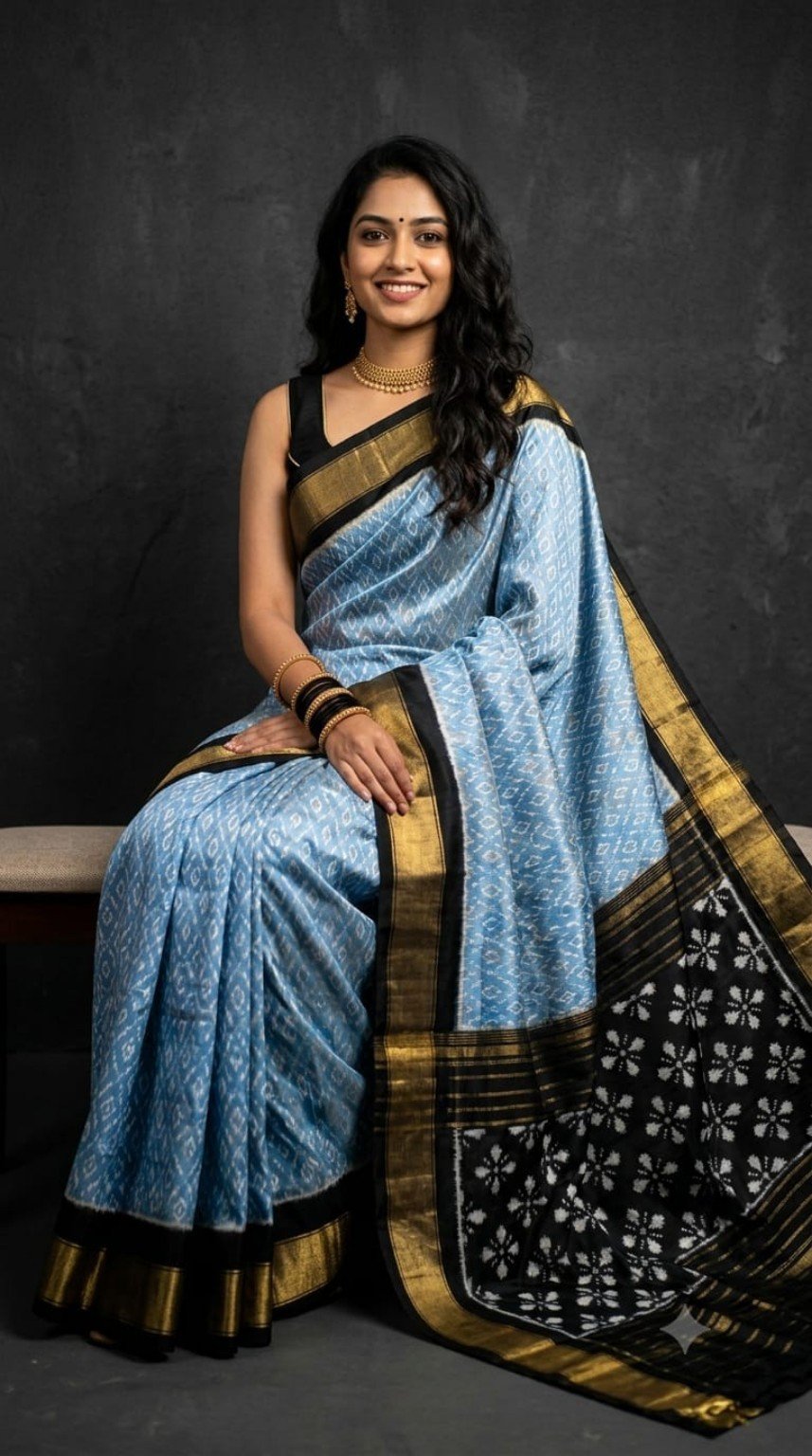Pochampally Ikkat Silk Sarees – Exclusive Designer Collection 2 Pochampally Ikkat silk saree - 12 Sky Blue & Black