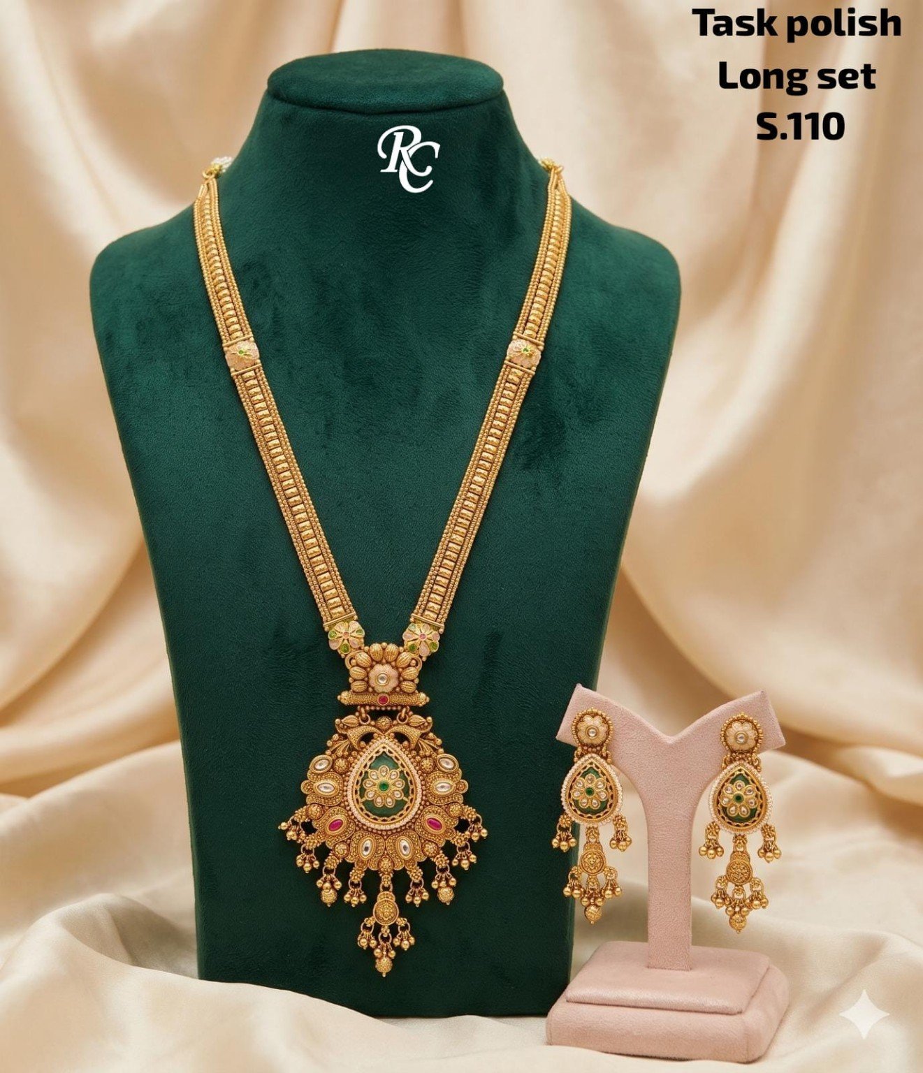 Antique Long Necklace Set with Earrings – Designer Collection 12 Antique long necklace set with earrings - Design 12 - S110 Green Teardrop