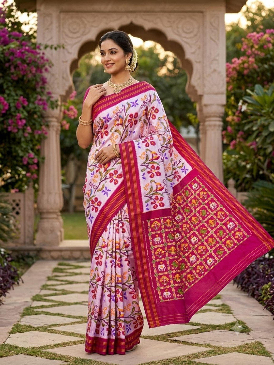 Madthas Ikkat Silk Sarees – Exclusive Designer Collection 2 Madthas Ikkat silk saree - 02 White & Magenta - Floral