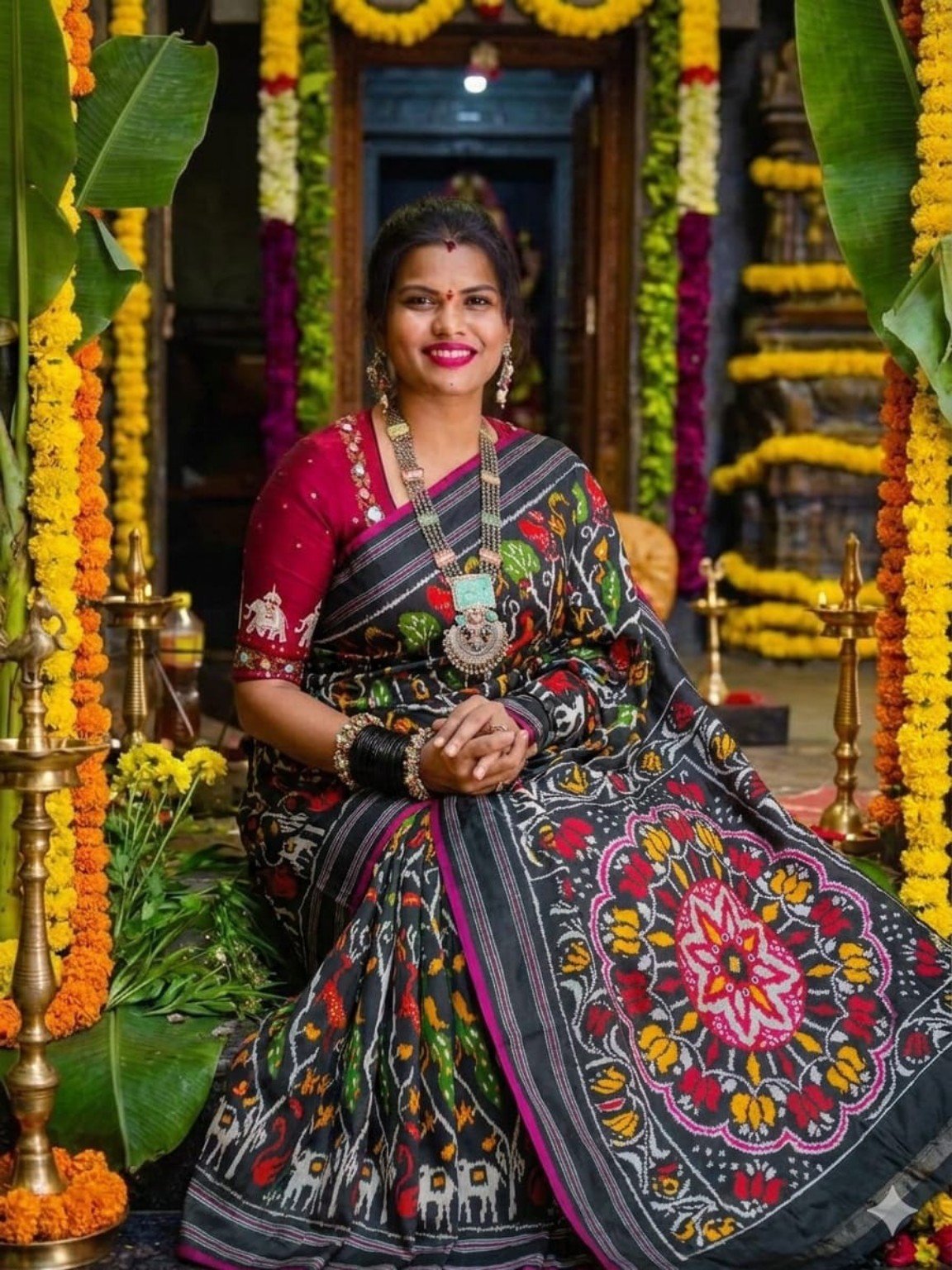 Madthas Ikkat Silk Sarees – Exclusive Collection of 15 Designs 2 Madthas Ikkat silk saree - 02 Black - Floral Medallion