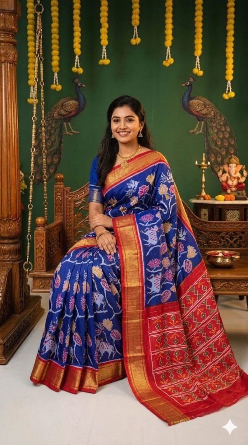Madthas Ikkat Silk Sarees – Peacock Designer Collection 2 Madthas Ikkat silk saree - 02 Navy Blue & Red - Floral