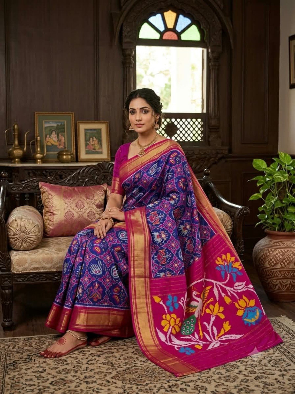 Madthas Ikkat Silk Sarees – Floral Pallu Designer Collection 2 Madthas Ikkat silk saree - 02 Navy & Magenta - Traditional Motifs