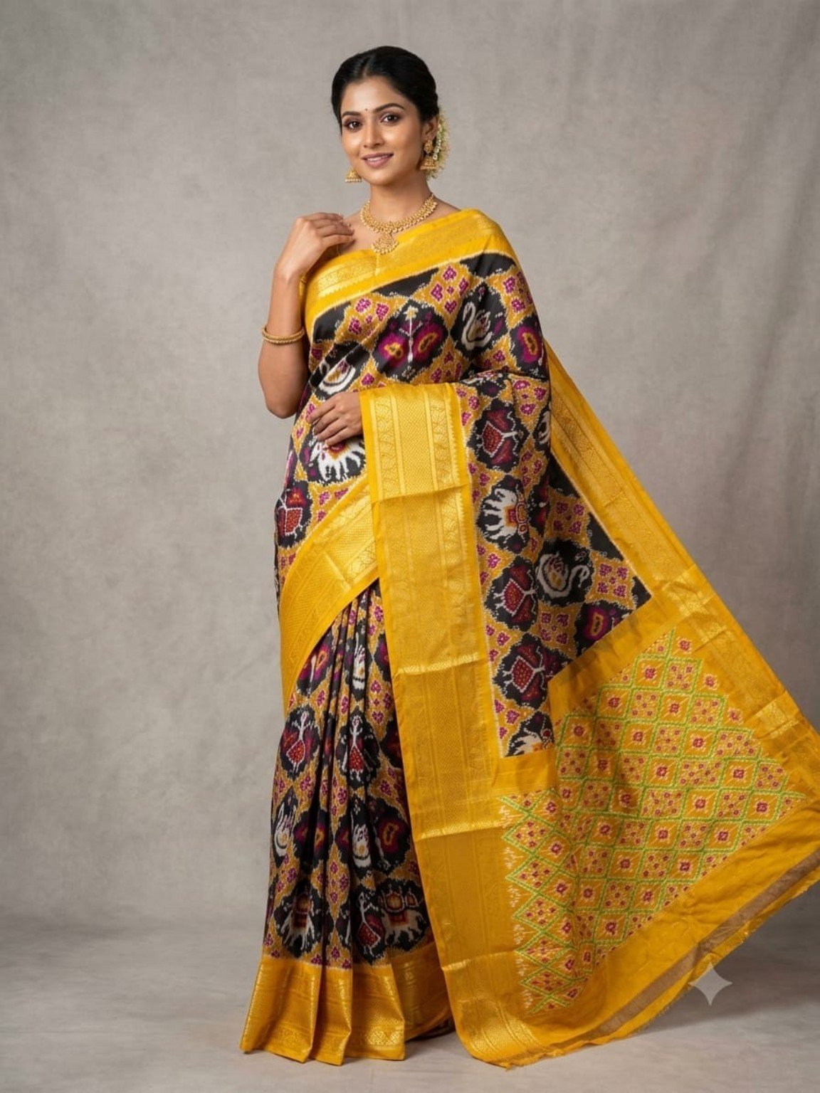 Madthas Ikkat Silk Sarees – Exclusive Collection of 15 Designs 13 Madthas Ikkat silk saree - 13 Black & Yellow - Traditional Motifs