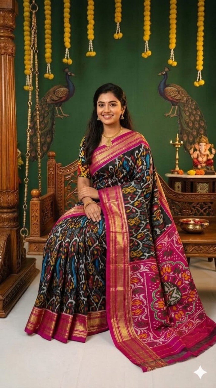 Madthas Ikkat Silk Sarees – Peacock Designer Collection 3 Madthas Ikkat silk saree - 03 Black & Magenta - Peacock