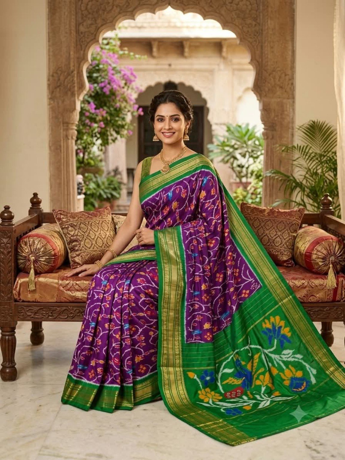Madthas Ikkat Silk Sarees – Floral Pallu Designer Collection 3 Madthas Ikkat silk saree - 03 Purple & Green - Floral