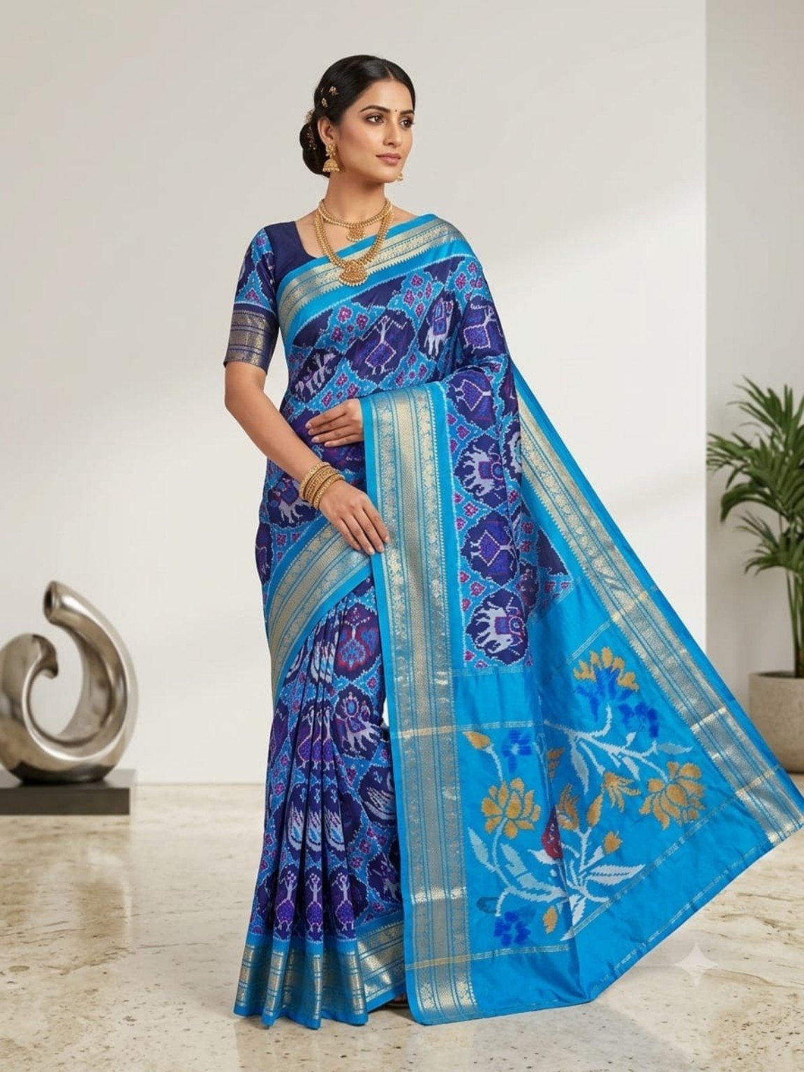 Madthas Ikkat Silk Sarees – Exclusive Collection of 15 Designs 14 Madthas Ikkat silk saree - 14 Navy & Sky Blue - Traditional Motifs