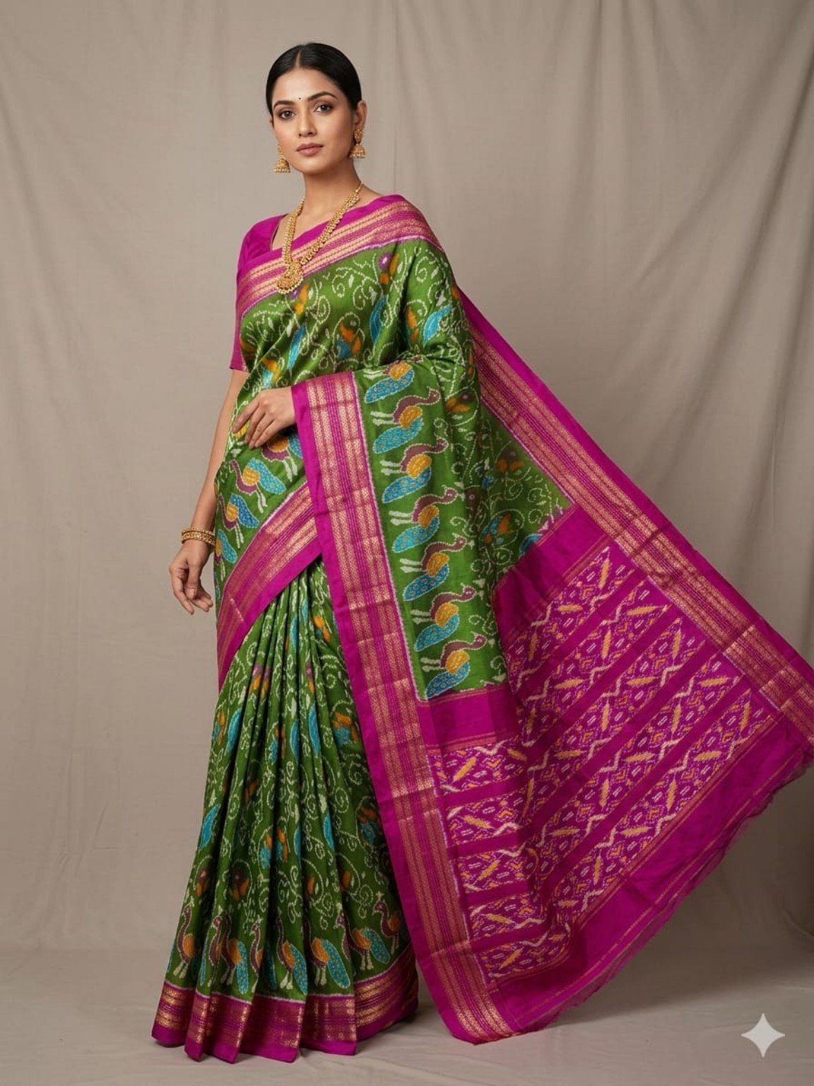 Madthas Ikkat Silk Sarees – Peacock Designer Collection 4 Madthas Ikkat silk saree - 04 Green & Magenta - Peacock