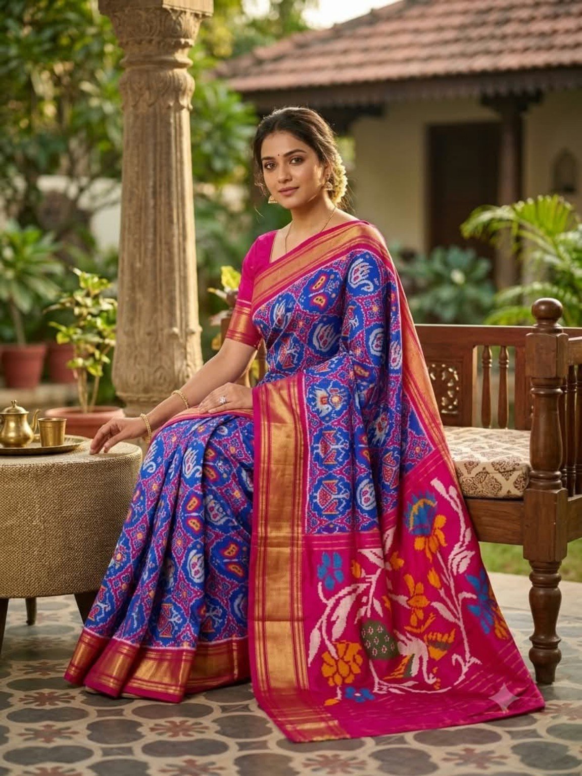 Madthas Ikkat Silk Sarees – Floral Pallu Designer Collection 4 Madthas Ikkat silk saree - 04 Blue & Pink - Traditional Motifs