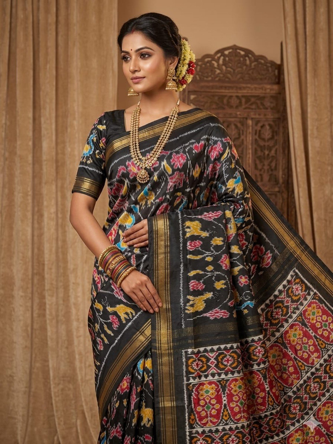 Madthas Ikkat Silk Sarees – Exclusive Designer Collection 5 Madthas Ikkat silk saree - 05 Black & Gold - Multicolour