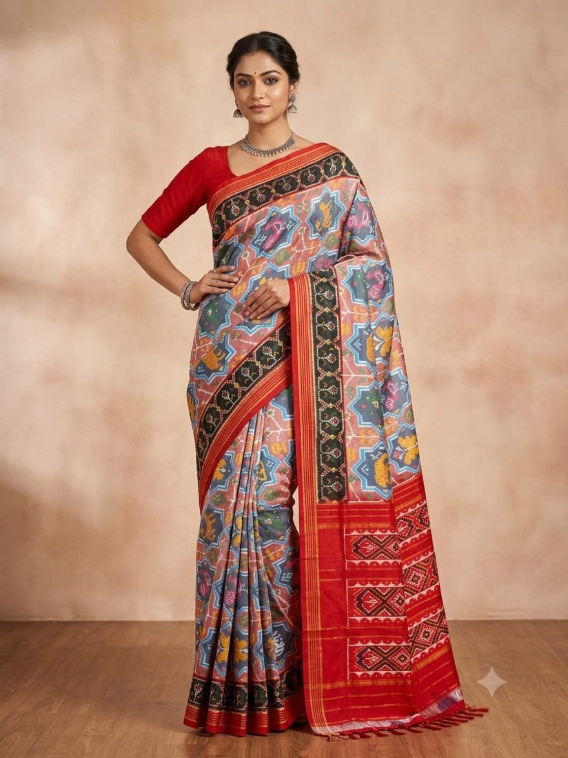 Madthas Ikkat Silk Sarees – Exclusive Collection of 15 Designs 5 Madthas Ikkat silk saree - 05 Multicolour & Red - Geometric