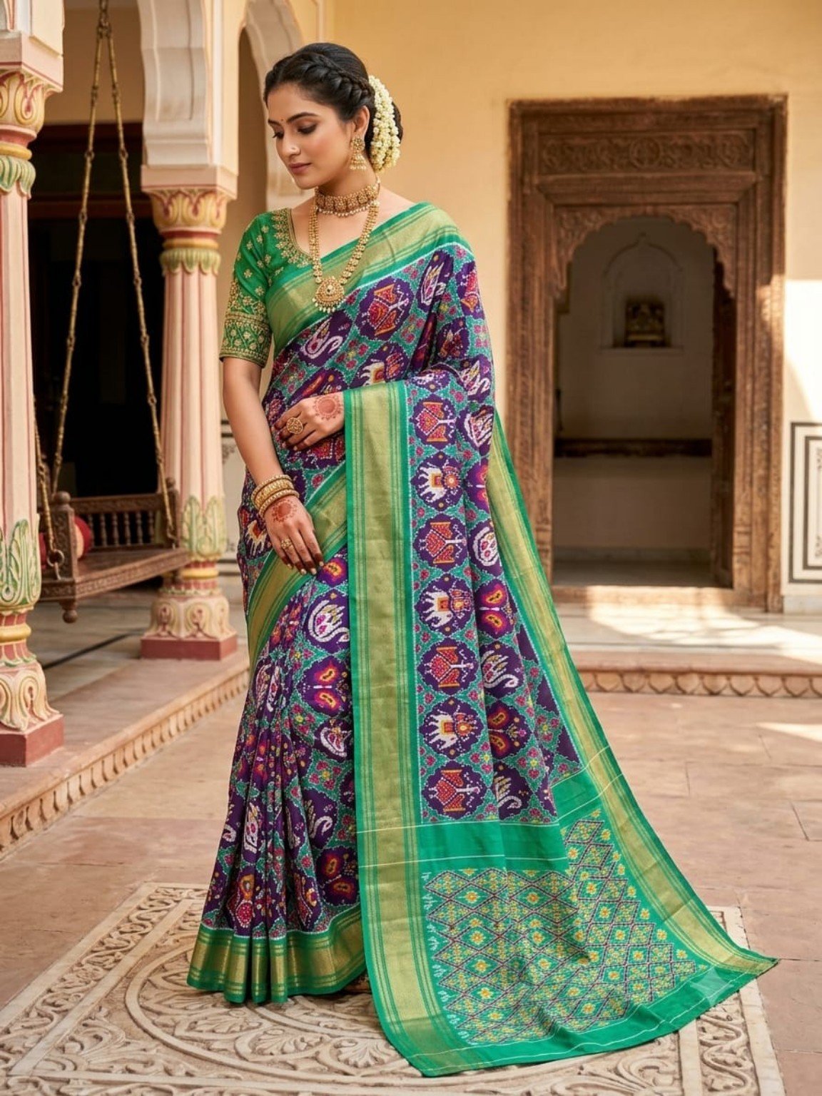 Madthas Ikkat Silk Sarees – Exclusive Collection of 15 Designs 15 Madthas Ikkat silk saree - 15 Purple & Green - Traditional Motifs