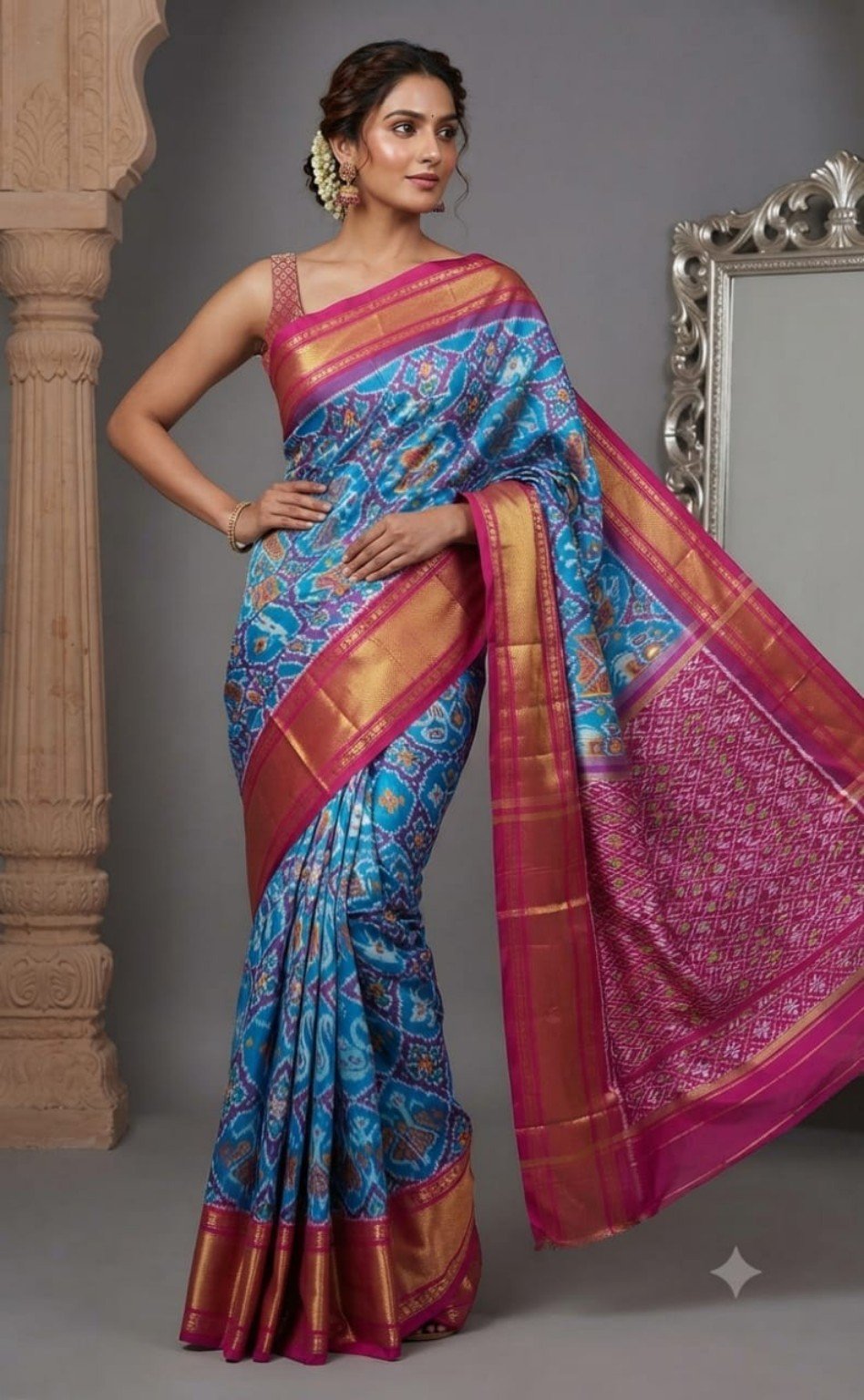 Madthas Ikkat Silk Sarees – Peacock Designer Collection 5 Madthas Ikkat silk saree - 05 Turquoise & Pink - Motifs