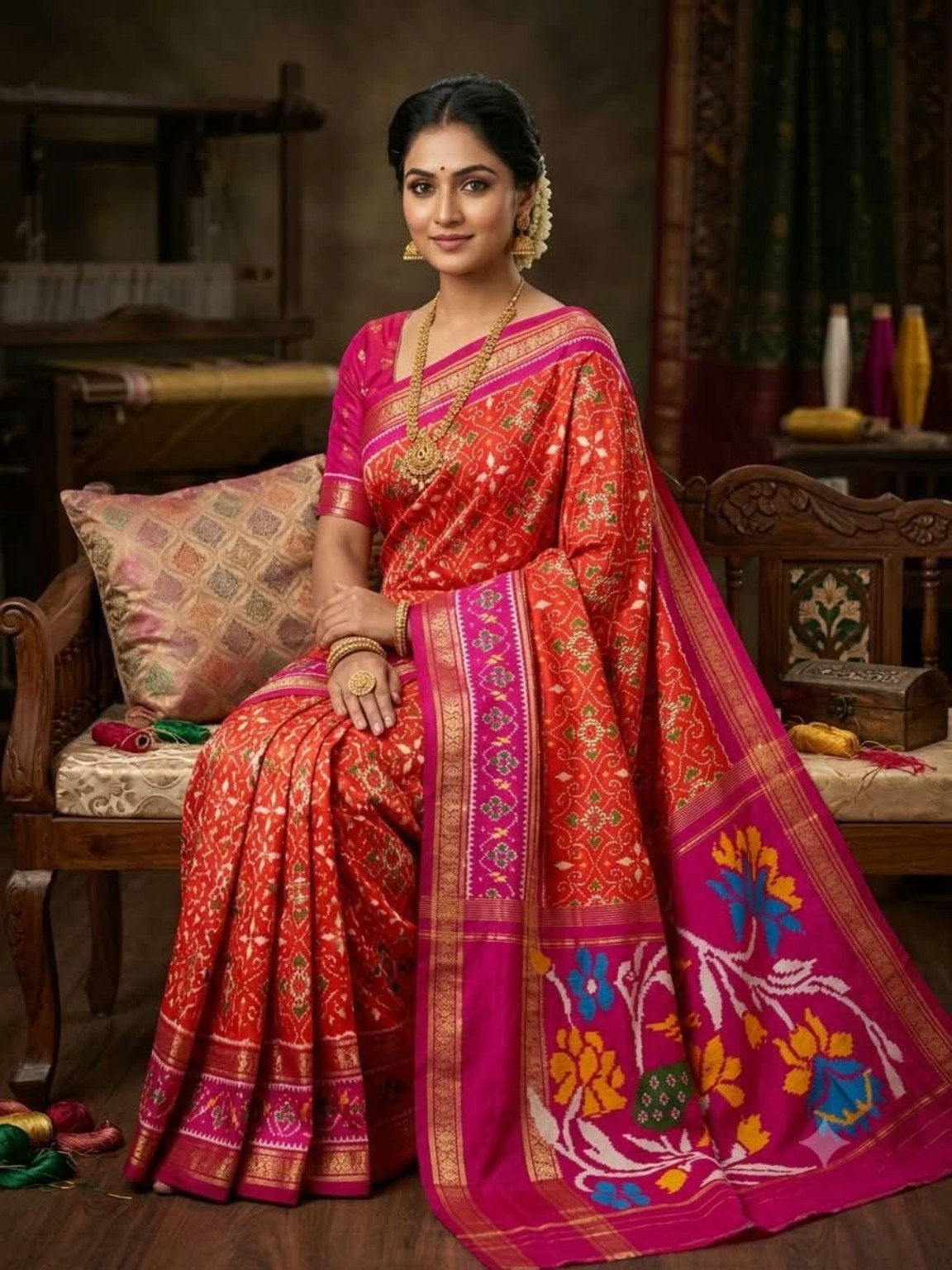 Madthas Ikkat Silk Sarees – Floral Pallu Designer Collection 5 Madthas Ikkat silk saree - 05 Red & Magenta - Small Motifs