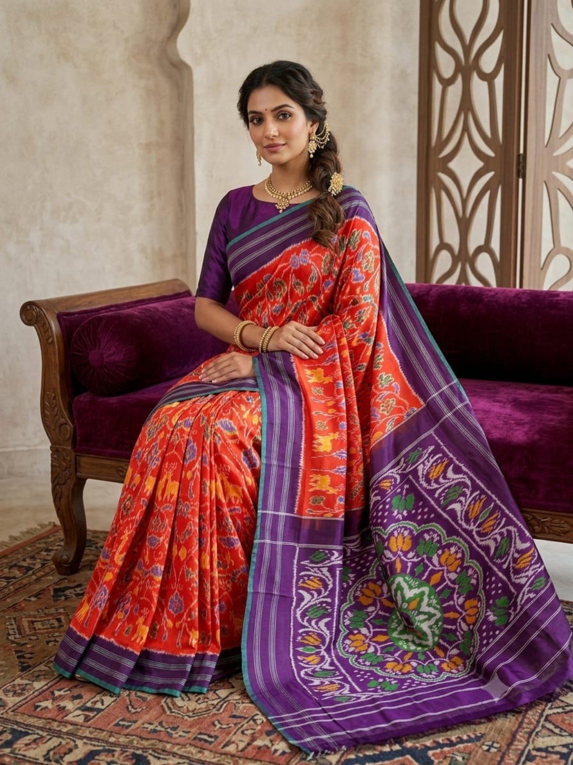 Madthas Ikkat Silk Sarees – Exclusive Designer Collection 6 Madthas Ikkat silk saree - 06 Orange & Purple - Floral