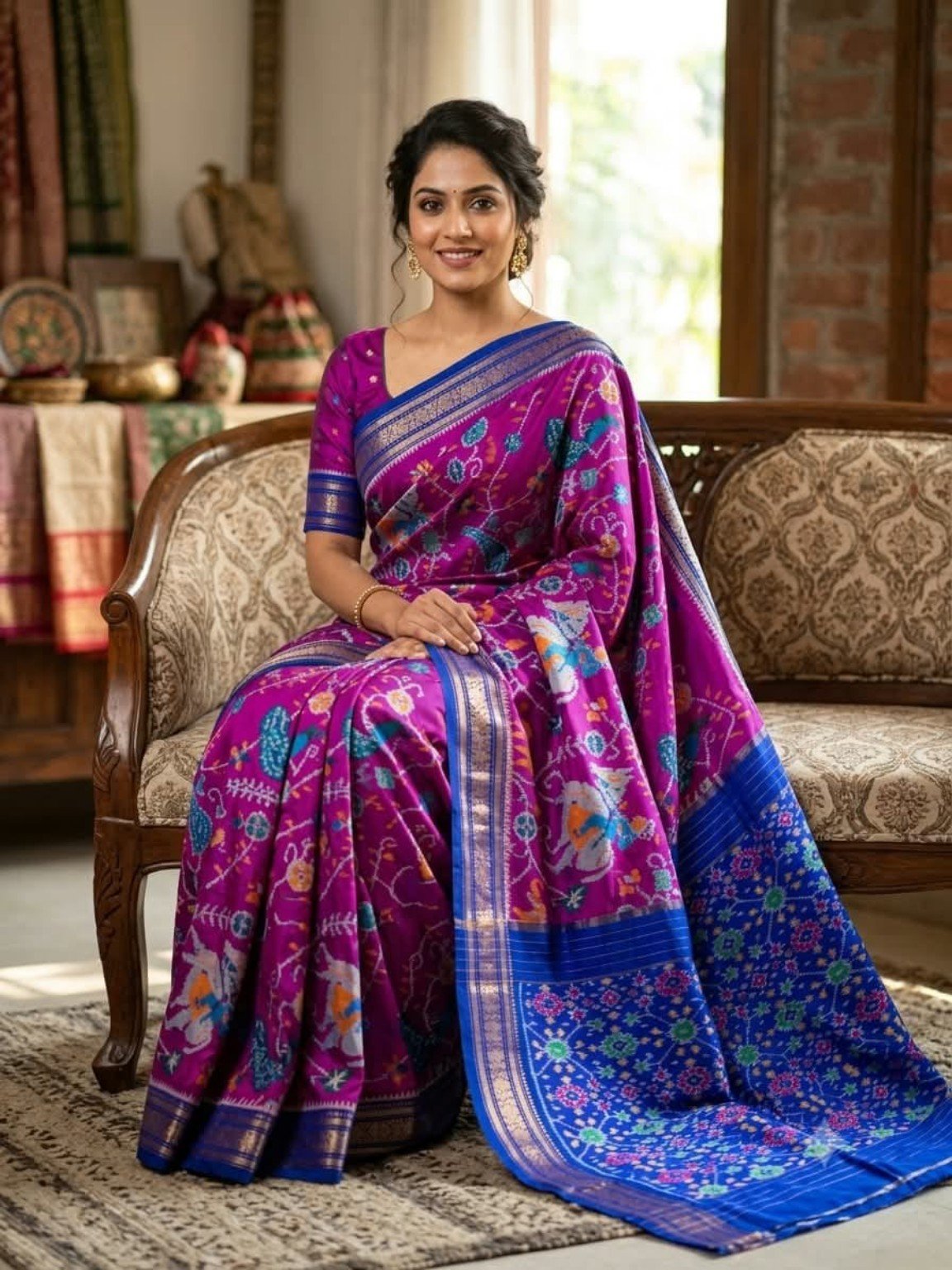 Madthas Ikkat Silk Sarees – Floral Pallu Designer Collection 6 Madthas Ikkat silk saree - 06 Magenta & Blue - Peacock Motifs
