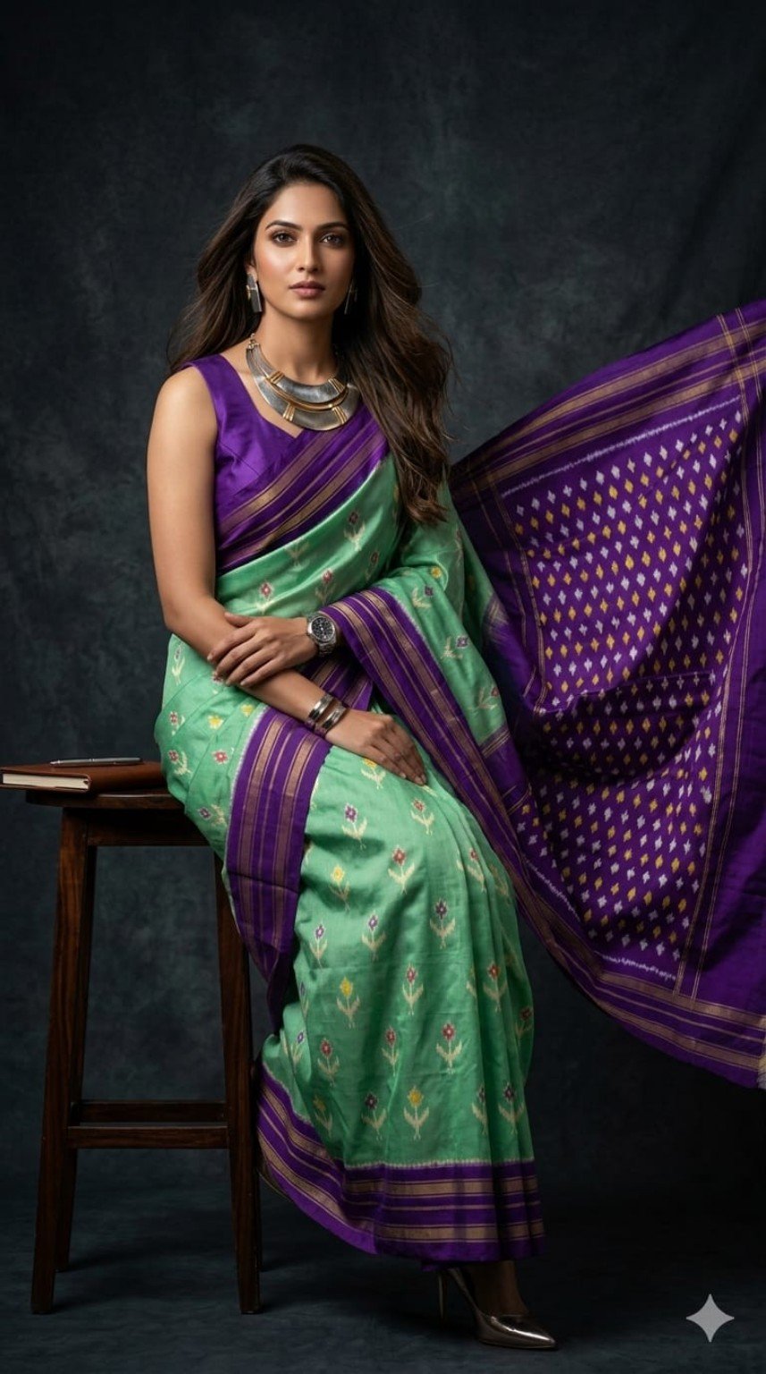 Pochampally Ikkat Silk Sarees – Exclusive Designer Collection 8 Pochampally Ikkat silk saree - 07 Green & Purple