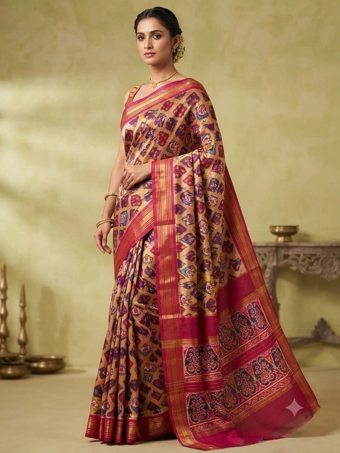 Madthas Ikkat Silk Sarees – Exclusive Designer Collection 7 Madthas Ikkat silk saree - 07 Beige & Maroon - Motifs