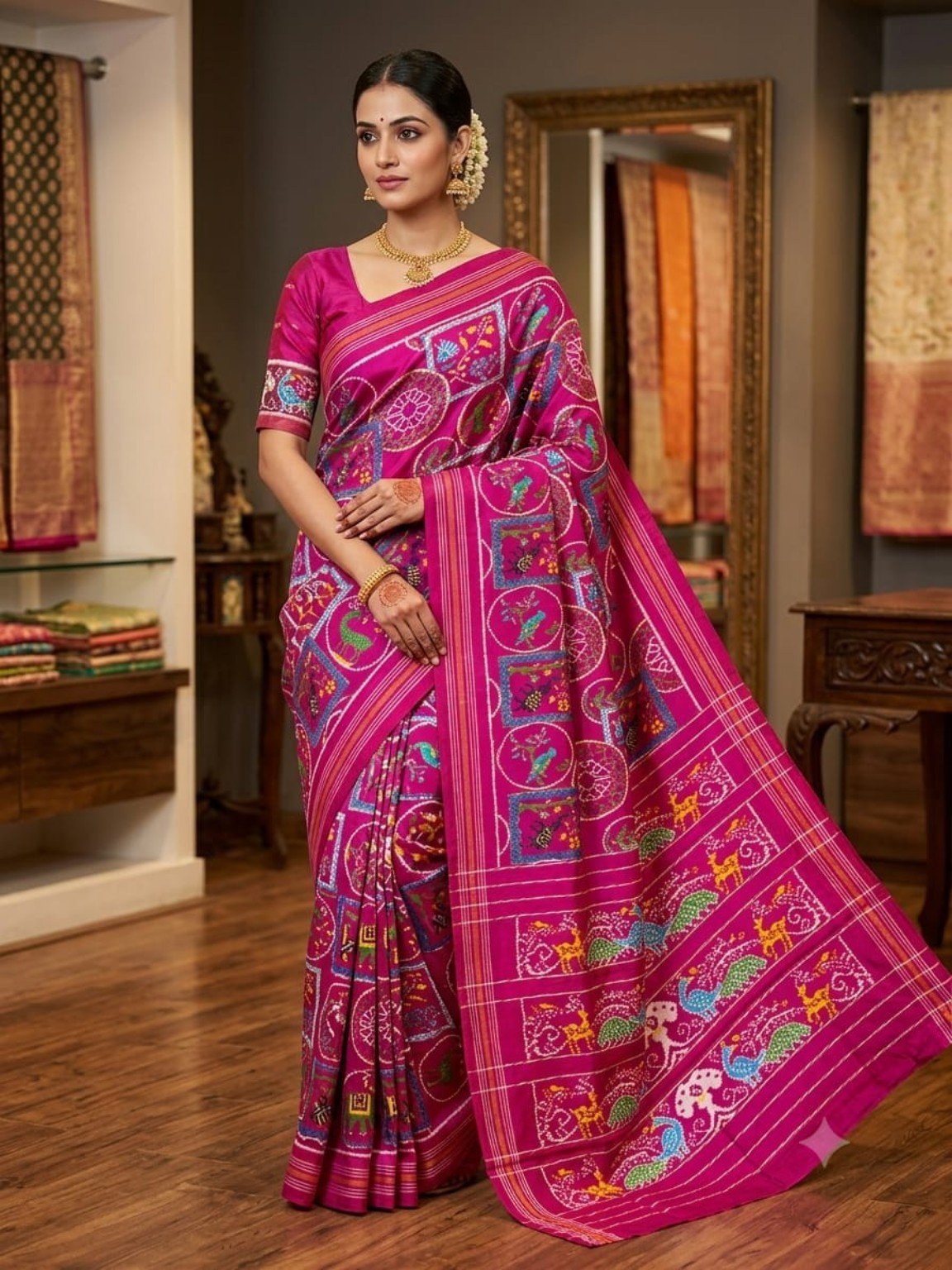 Madthas Ikkat Silk Sarees – Exclusive Collection of 15 Designs 7 Madthas Ikkat silk saree - 07 Magenta - Traditional Motifs