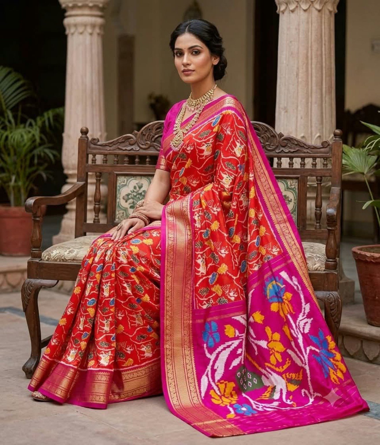 Madthas Ikkat Silk Sarees – Floral Pallu Designer Collection 7 Madthas Ikkat silk saree - 07 Red & Pink - Floral Vine