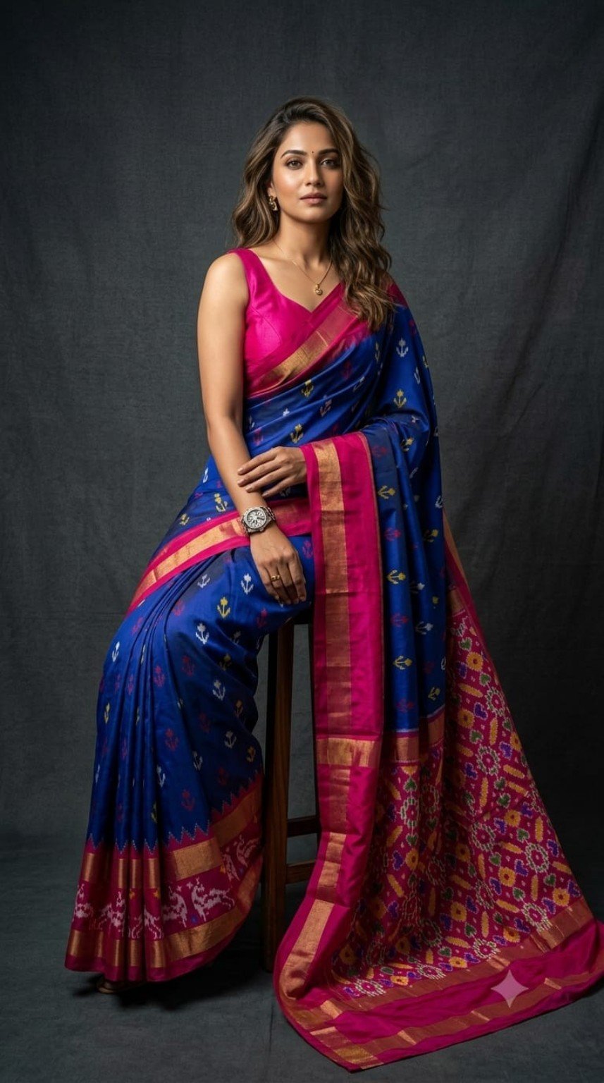 Pochampally Ikkat Silk Sarees – Exclusive Designer Collection 9 Pochampally Ikkat silk saree - 08 Royal Blue & Pink - Floral Pallu