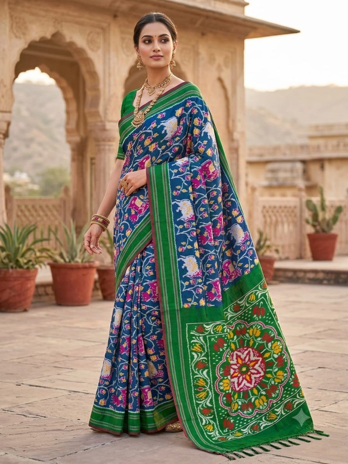 Madthas Ikkat Silk Sarees – Exclusive Designer Collection 8 Madthas Ikkat silk saree - 08 Blue & Green - Floral