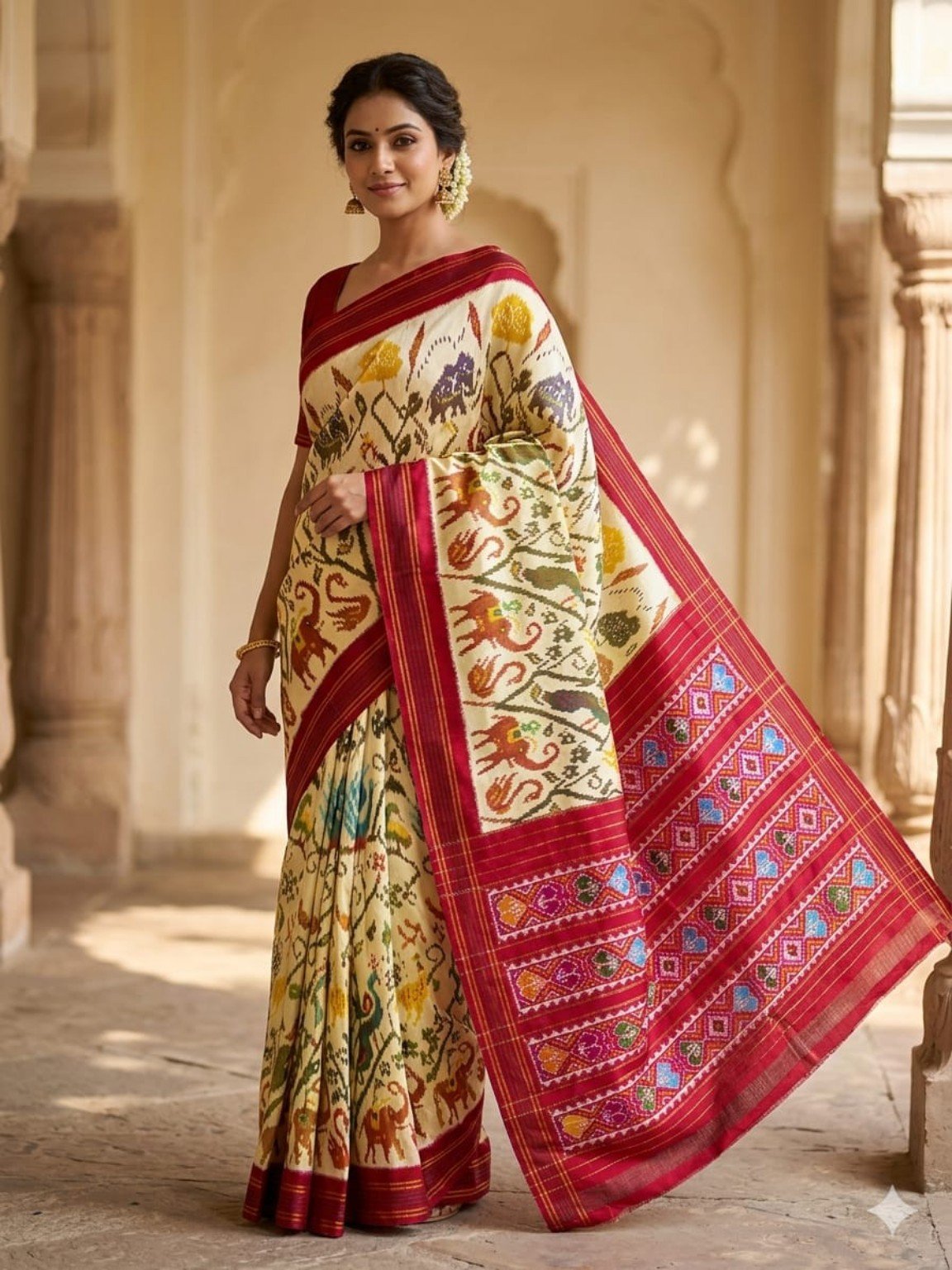 Madthas Ikkat Silk Sarees – Exclusive Collection of 15 Designs 8 Madthas Ikkat silk saree - 08 Cream & Maroon - Traditional Motifs