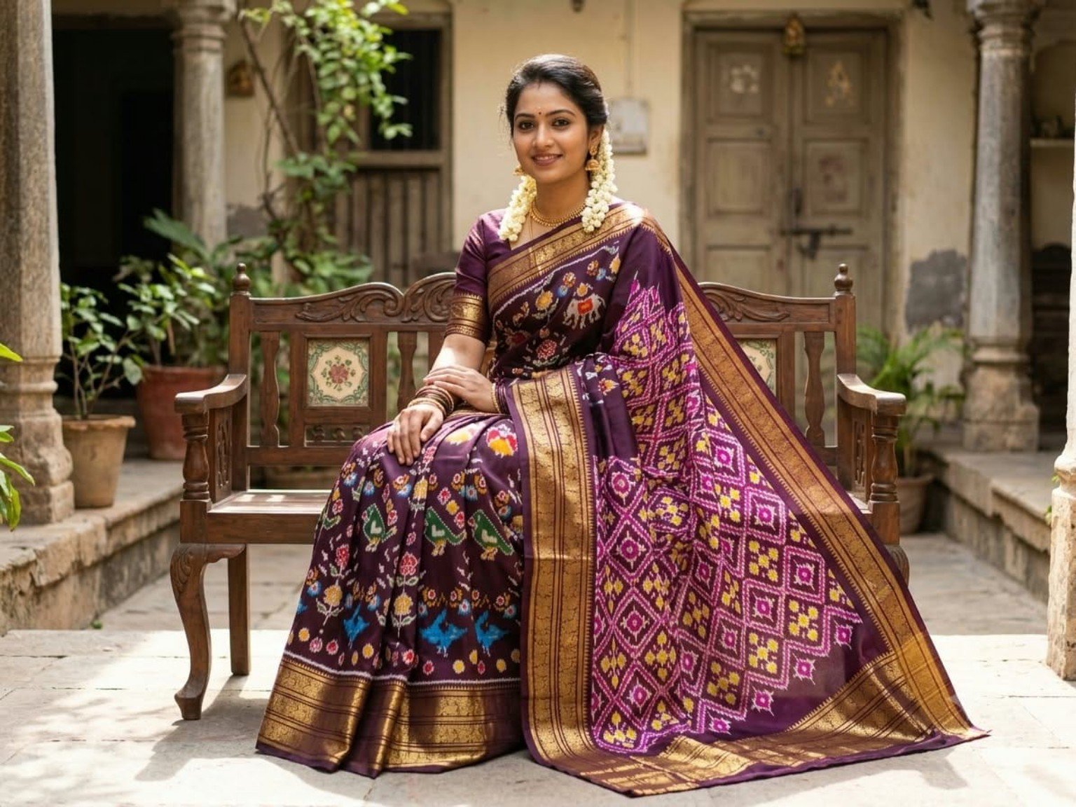 Madthas Ikkat Silk Sarees – Floral Pallu Designer Collection 8 Madthas Ikkat silk saree - 08 Deep Purple & Gold - Traditional Motifs