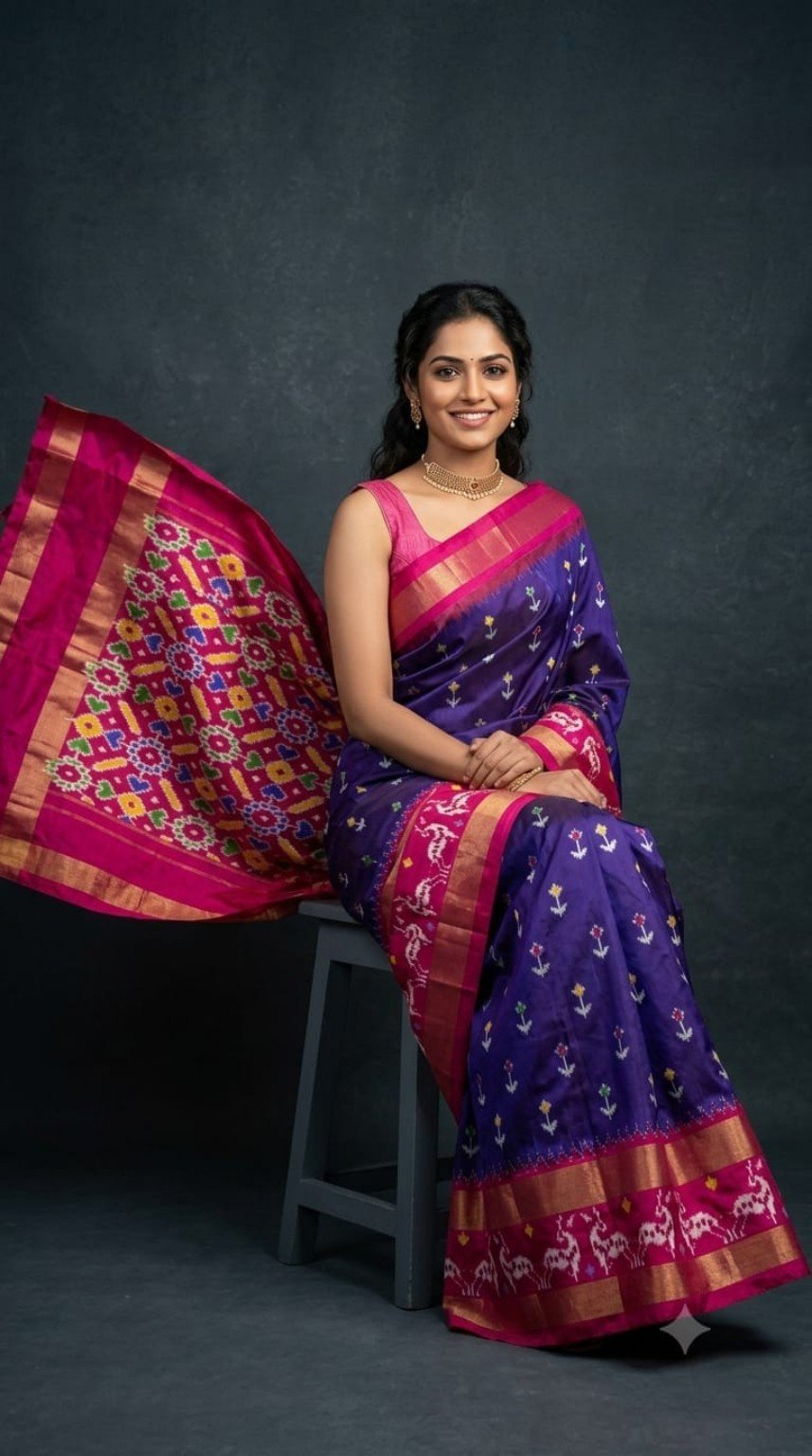 Pochampally Ikkat Silk Sarees – Exclusive Designer Collection 10 Pochampally Ikkat silk saree - 09 Violet & Pink - Deer Border