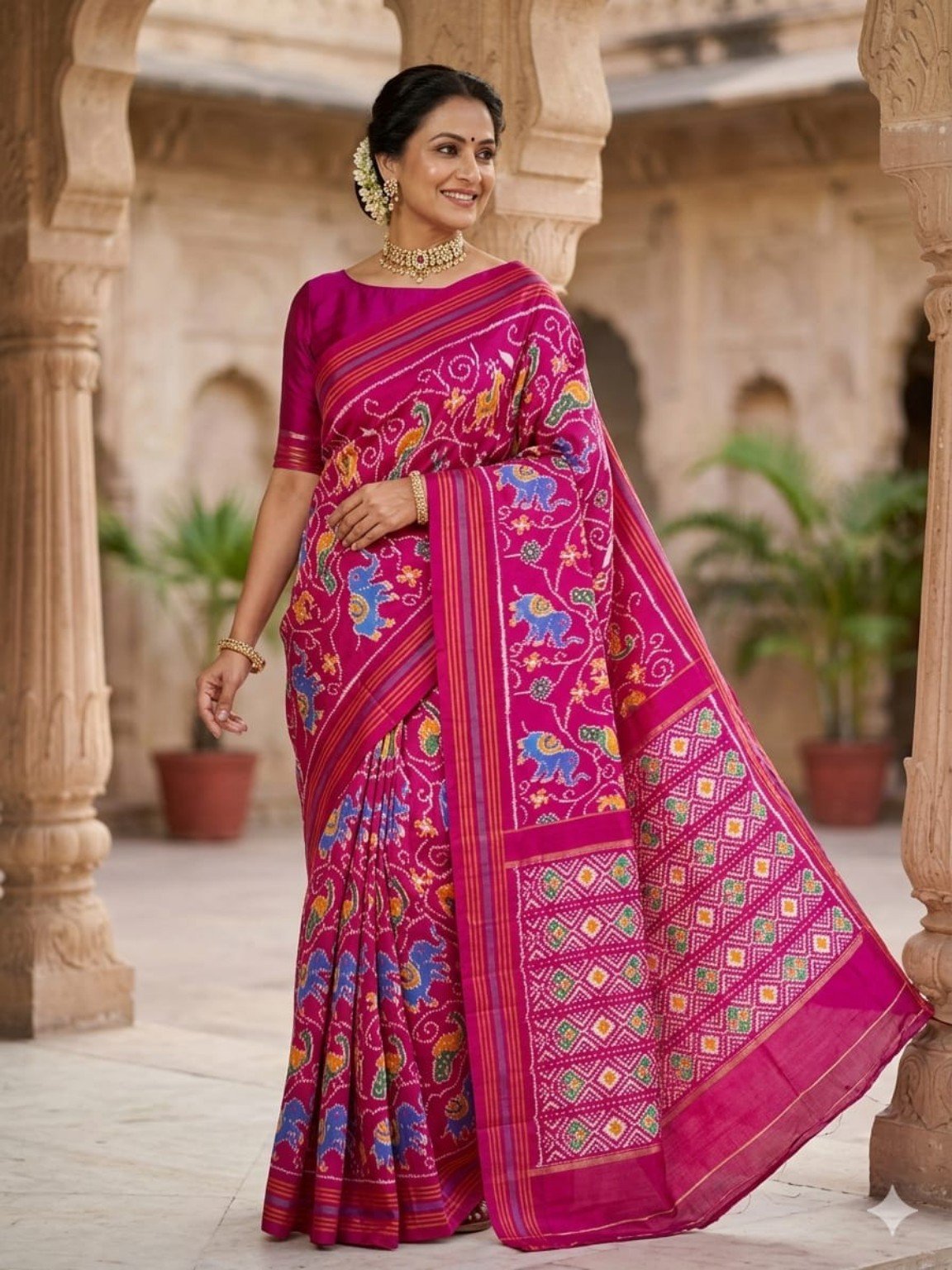 Madthas Ikkat Silk Sarees – Exclusive Designer Collection 9 Madthas Ikkat silk saree - 09 Magenta - Multicolour Motifs