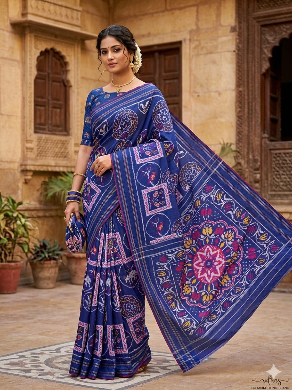 Madthas Ikkat Silk Sarees – Exclusive Collection of 15 Designs 9 Madthas Ikkat silk saree - 09 Navy Blue - Medallion Motifs