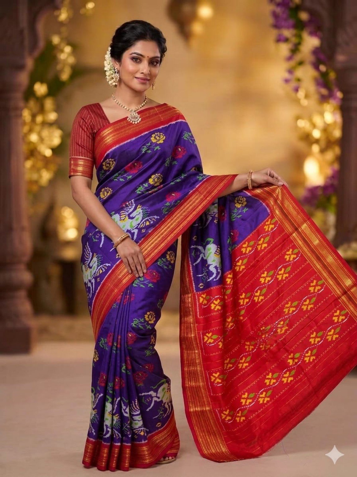Madthas Ikkat Silk Sarees – Peacock Designer Collection 9 Madthas Ikkat silk saree - 09 Purple & Red - Floral