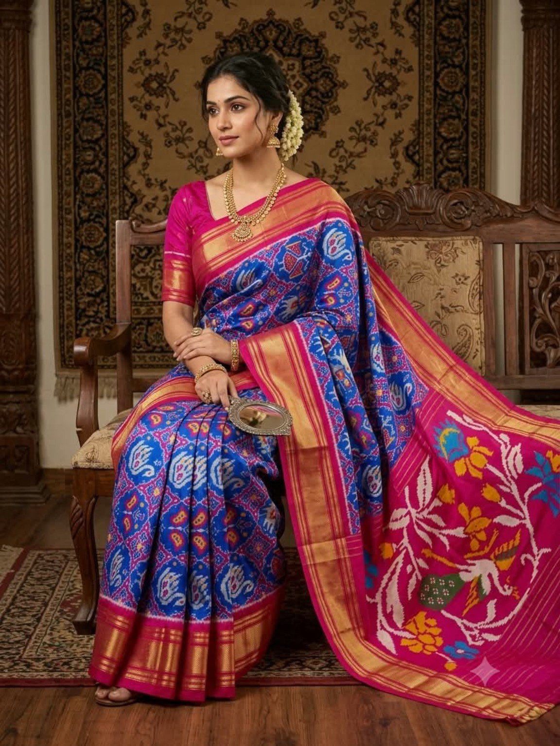 Madthas Ikkat Silk Sarees – Floral Pallu Designer Collection 9 Madthas Ikkat silk saree - 09 Royal Blue & Magenta - Traditional Motifs