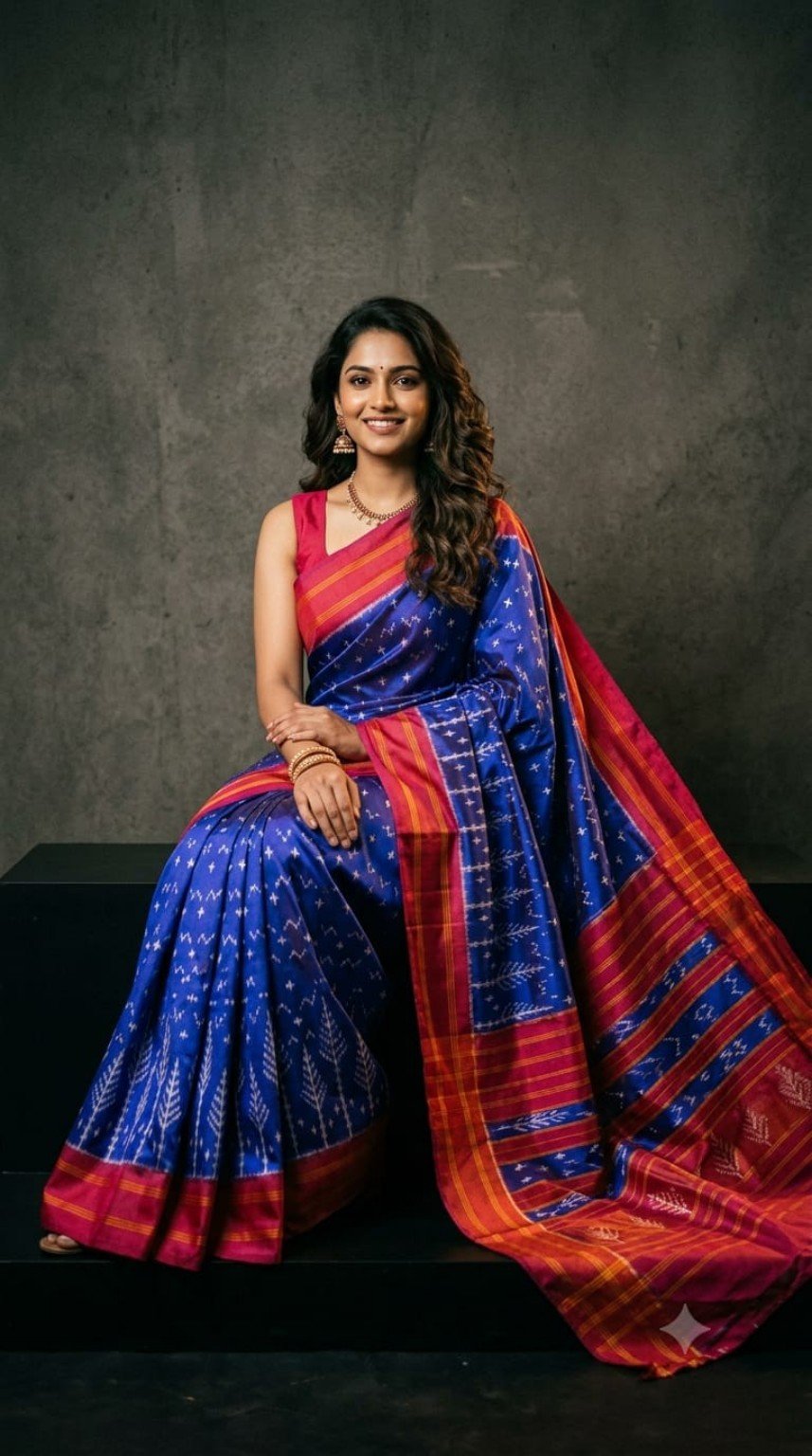 Pochampally Ikkat Silk Sarees – Exclusive Designer Collection 11 Pochampally Ikkat silk saree - 10 Royal Blue & Red-Orange