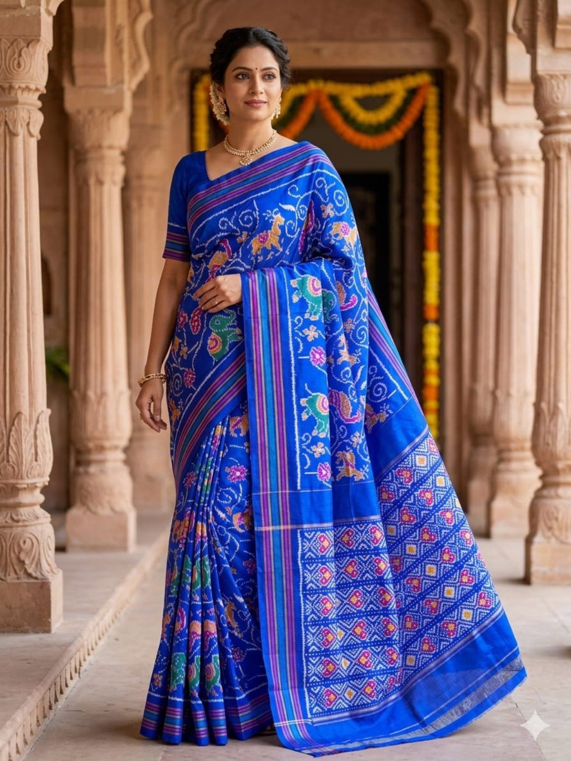 Madthas Ikkat Silk Sarees – Exclusive Designer Collection 10 Madthas Ikkat silk saree - 10 Royal Blue - Multicolour Motifs