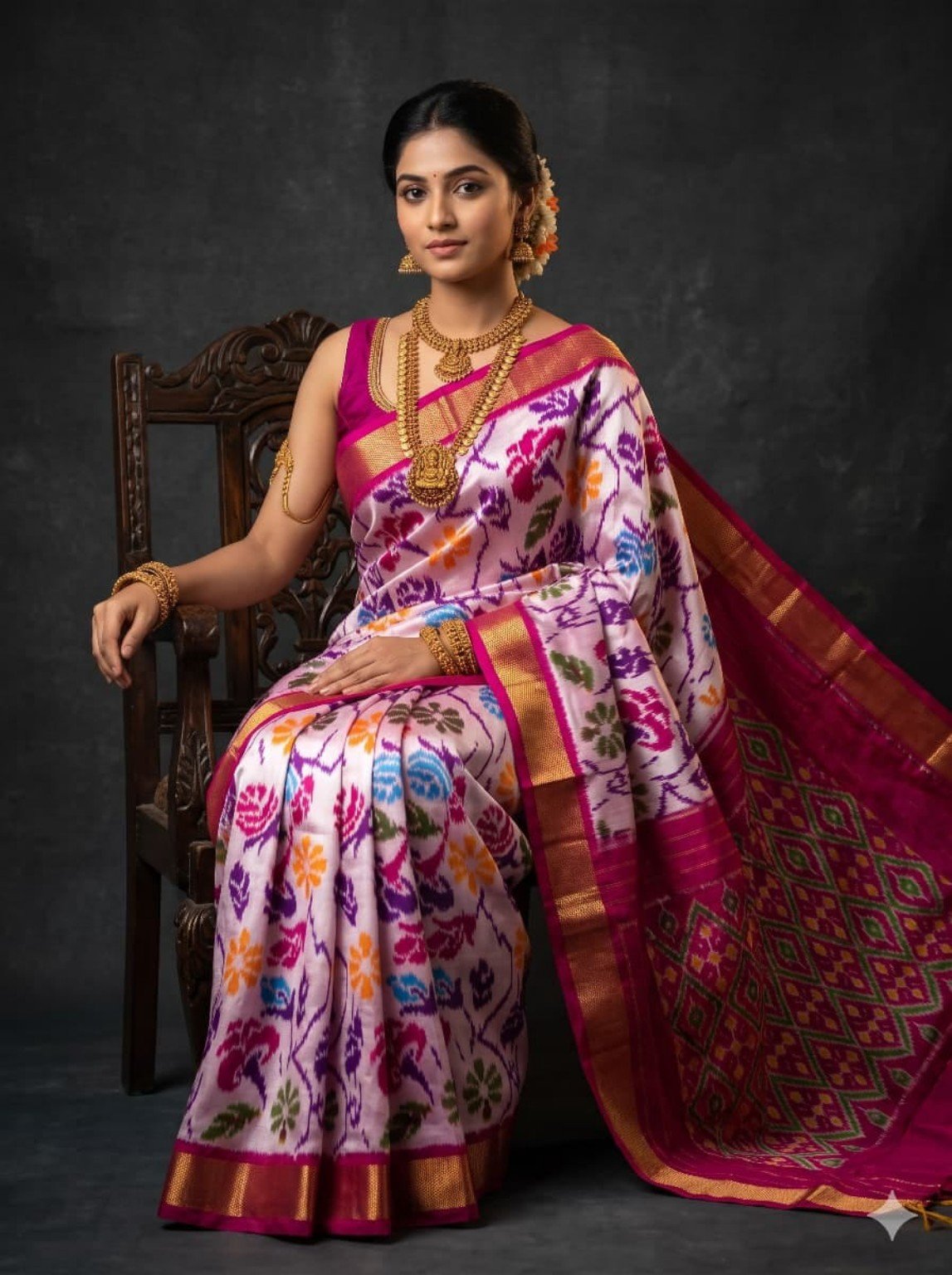 Madthas Ikkat Silk Sarees – Exclusive Collection of 15 Designs 10 Madthas Ikkat silk saree - 10 White & Magenta - Floral Gold Border