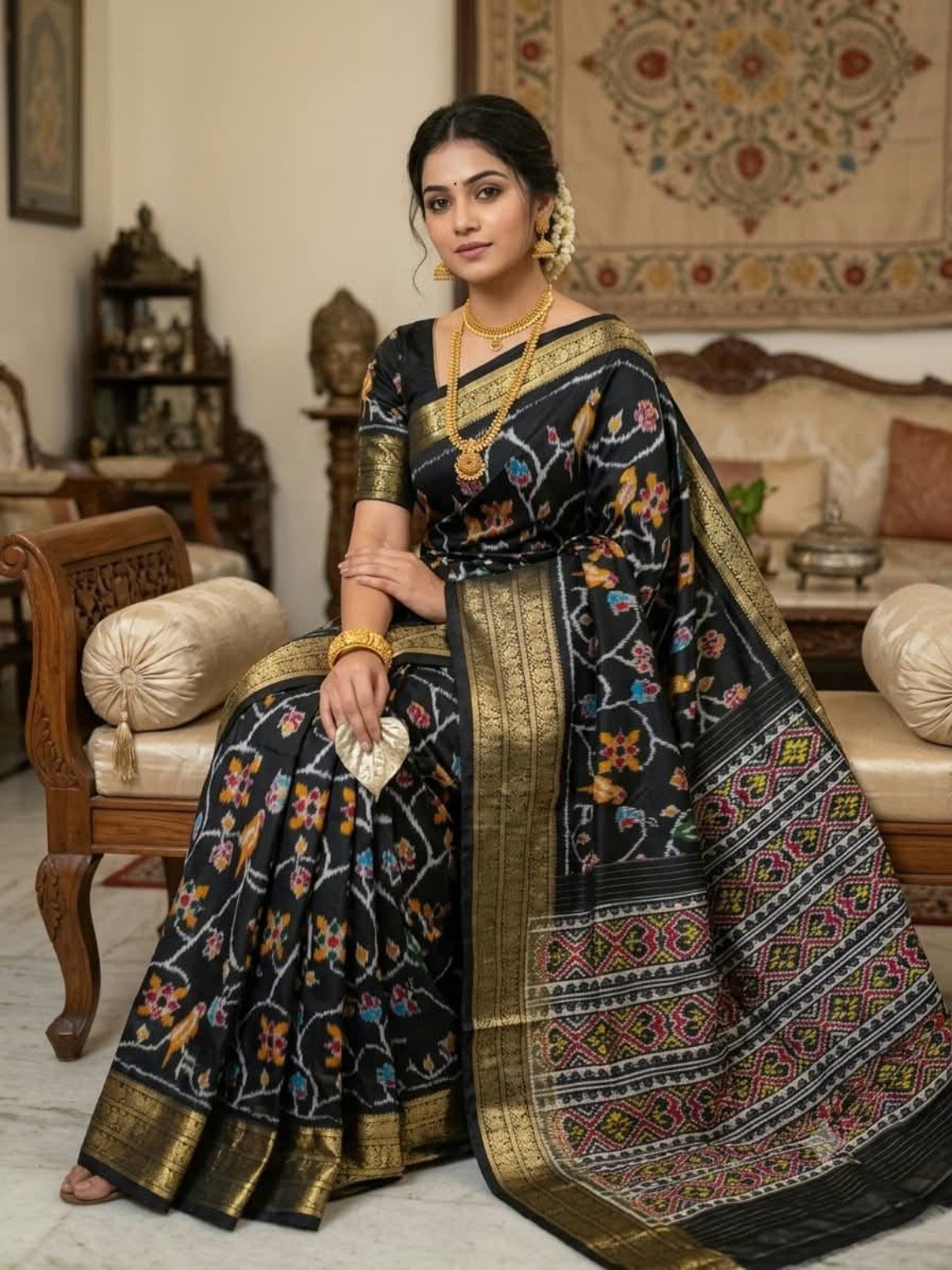 Madthas Ikkat Silk Sarees – Floral Pallu Designer Collection 10 Madthas Ikkat silk saree - 10 Black & Gold - Floral