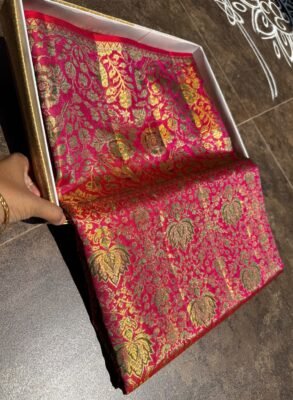 Pure Silk Meenakari Kanchipattu Saree – Double OD Border 5 Rani pink Pure Silk Meenakari Kanchipattu Saree with floral weaving and self border