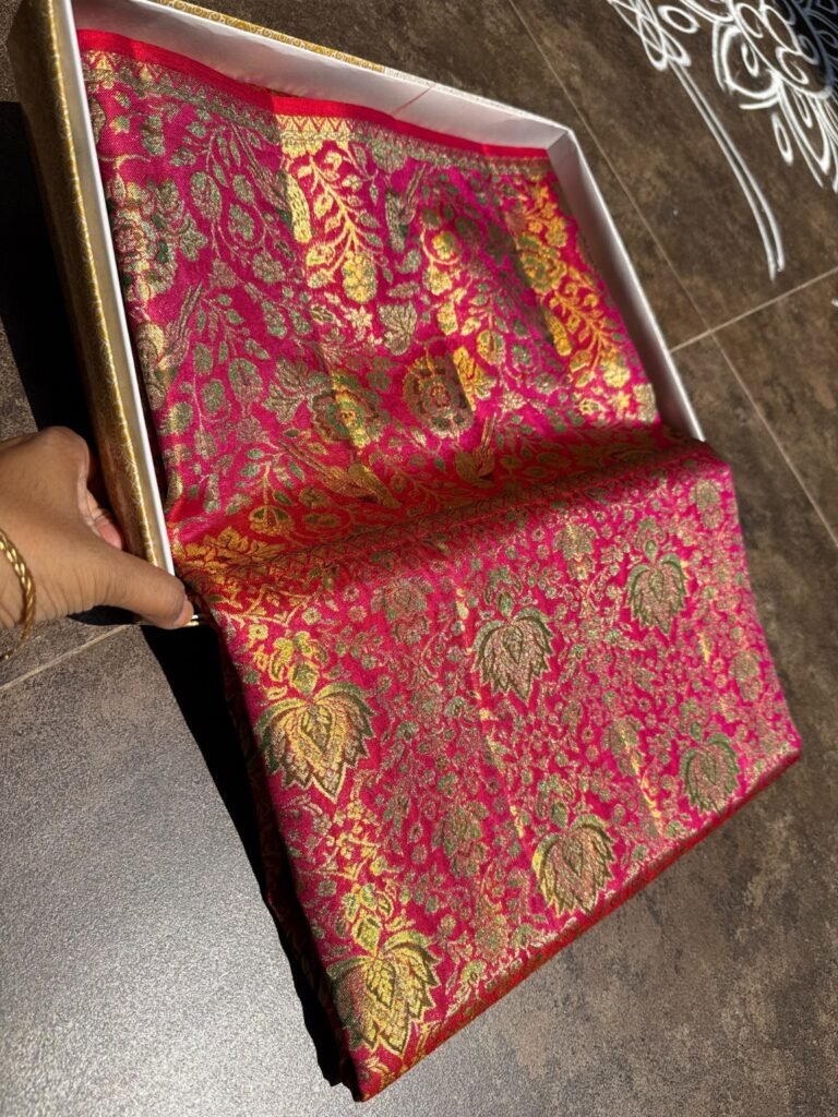 Pure Silk Meenakari Kanchipattu Saree – Double OD Border 17 Rani pink Pure Silk Meenakari Kanchipattu Saree with floral weaving and self border